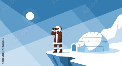 Eskimo explorer observing Arctic landscape through binoculars standing near igloo