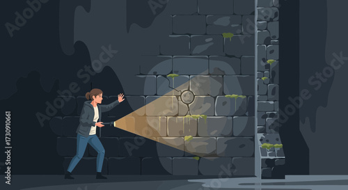 Exploring ancient ruins with a flashlight uncovers hidden mysteries and secrets
