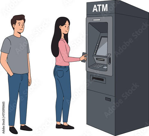 People using ATM machine in public space, banking transaction, financial service, urban lifestyle, cash withdrawal, queue, modern technology, everyday activity