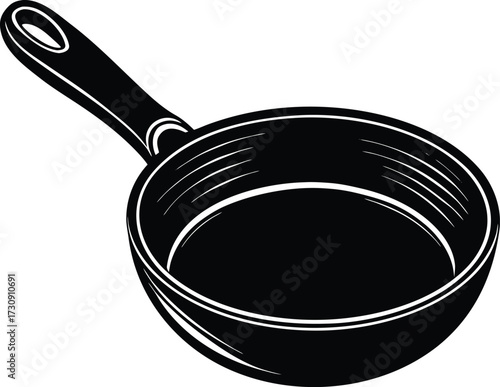 A striking black and white vector illustration of an empty cooking skillet with a long handle,