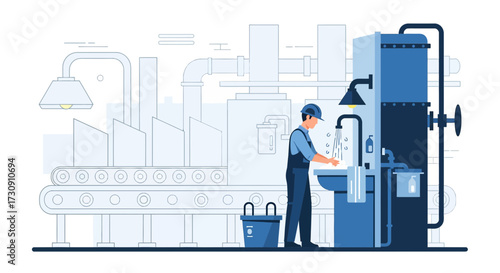 Factory worker washing hands at a sink in an industrial plant maintaining hygiene and preventing