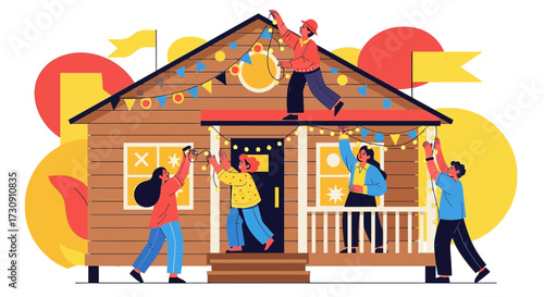 Festive illustration of people decorating house with lights and garlands, creating joyful
