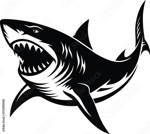 A stylized black and white illustration of a fierce shark with its mouth open showing sharp teeth swimming forward