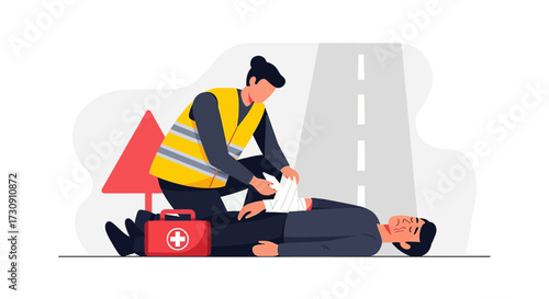 First aid assistance at a car accident on the road illustrated emergency response