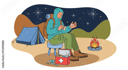 First aid during solo camping trip at night under the stars in the wilderness