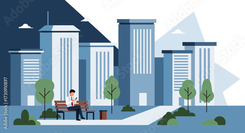 Flat vector illustration of a businessman using a smartphone on a bench in a city park with office