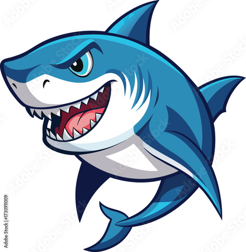 An angry blue cartoon shark with a fierce expression and sharp teeth grins menacingly isolated on a white background