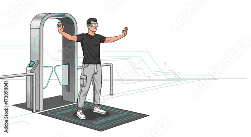 Futuristic security checkpoint with scanning technology and a person in virtual reality glasses