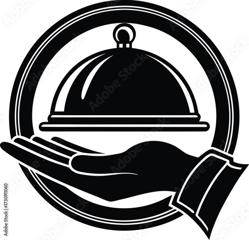 A black and white icon shows a hand presenting a covered serving dish symbolizing food service and hospitality