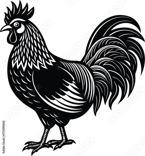 A stylized black and white illustration of a proud rooster standing in profile with elaborate feathers,