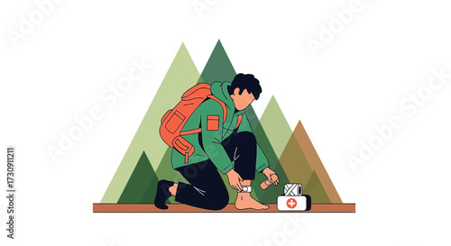 Hiker providing first aid for an ankle injury in a mountain setting illustration