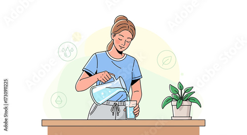 Healthy lifestyle illustration: Woman pouring water from a jug into a glass