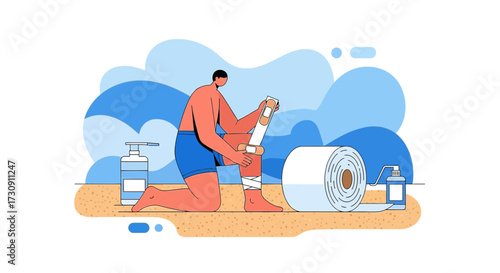 Illustrated man applying bandage to injured leg on sandy beach background scene