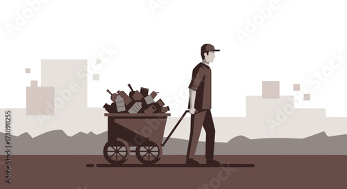 Illustrated vector art of a worker pulling a cart with recyclables in an urban environment