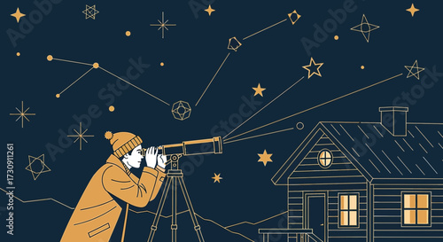 Illustrated man observing stars through a telescope near cozy house under starry night sky