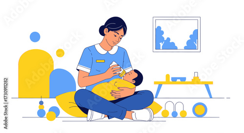 Illustration depicting a caregiver feeding a baby, emphasizing care, nurturing, and maternal bond