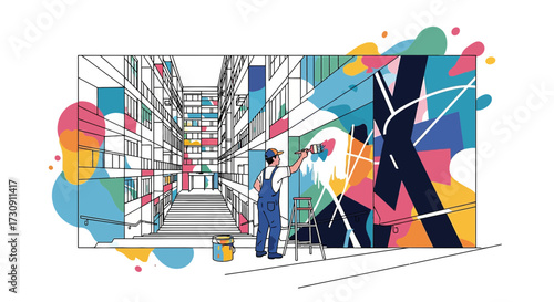 Illustration depicting a muralist creating vibrant abstract art on a building facade