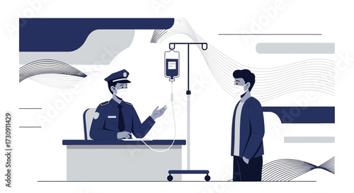 Illustration depicting a police officer questioning a masked patient in a hospital like setting