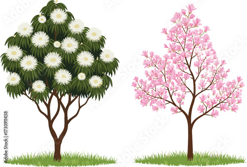 tree, foliage, blossom, seasonal, deciduous, flowering, ornamental, magnolia, cherry, plumeria, nature, landscape, vector, illustration, green, white, pink, trunk, contrast, flora, comparison
