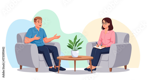 Illustration depicting a therapy session with a man speaking and a therapist taking notes in a