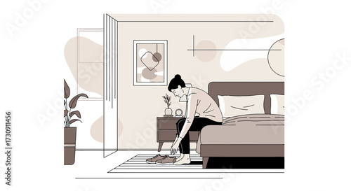 Illustration depicting a woman putting on her shoes in a modern bedroom setting with minimalist