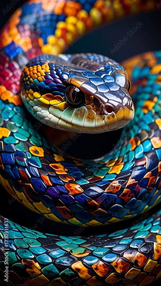 Fototapeta premium Colorful Snake in a Coiled Pose.