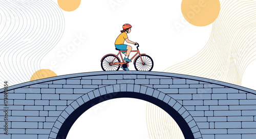 Illustration of a cyclist riding a bike over an arch bridge, embracing outdoor exercise and fitness