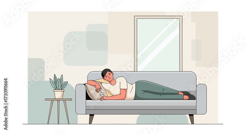 Illustration of a depressed young man lying on a sofa in a modern interior setting