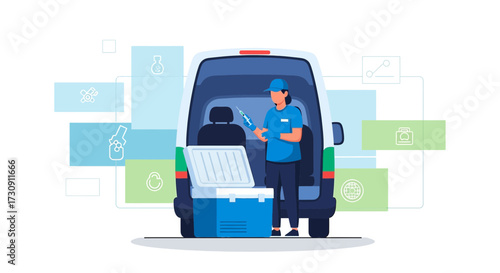 Illustration of a delivery worker preparing vaccine distribution from a refrigerated van featuring