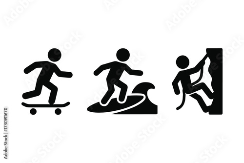 Iconic silhouettes representing action sports including skateboarding surfing and rock climbing