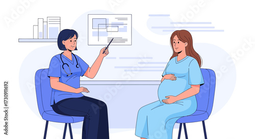 Illustration of a doctor explaining medical information to a pregnant woman in a clinic setting