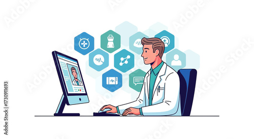 Illustration of a doctor providing telehealth services online with a modern computer interface