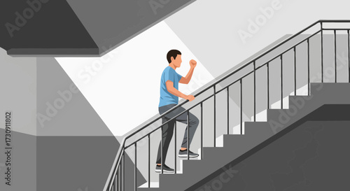 Illustration of a man climbing stairs with determination and a sense of achievement in modern