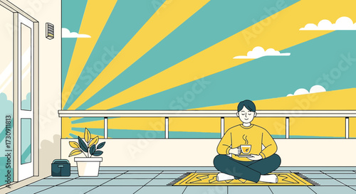 Illustration of a man enjoying morning coffee on a colorful balcony with a serene atmosphere