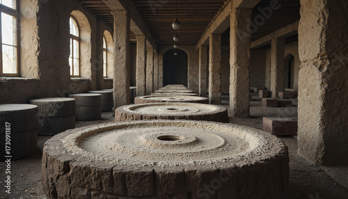 An old mill with stone millstones in natural light 