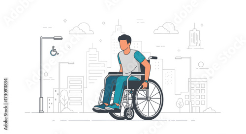 Illustration of a man in a wheelchair in an urban setting with accessible parking showing