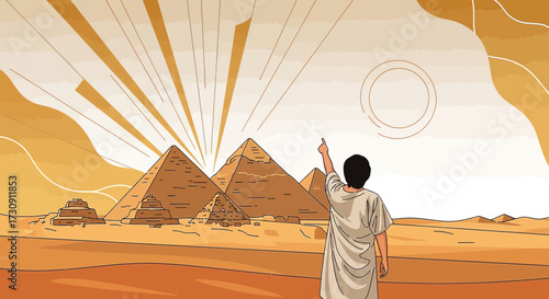 Illustration of a man pointing towards the pyramids of Giza in the golden desert sun
