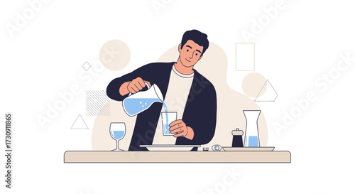 Illustration of a man pouring water into a glass at a table setting design style