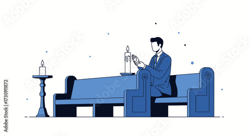Illustration of a man in prayer in a church setting with candles giving a spiritual atmosphere