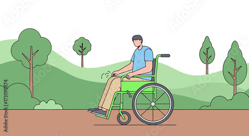 Illustration of a man using a wheelchair in the park, highlighting accessibility and inclusive
