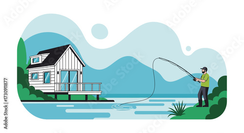 Illustration of a man fishing by a lake house surrounded by natural beauty scenery for lifestyle