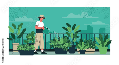 Illustration of a man tending to his rooftop garden with various potted plants and greenery adding