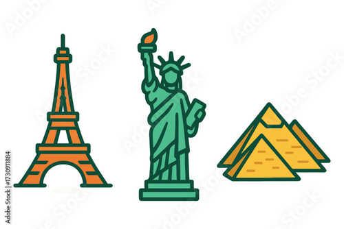 Iconic landmarks eiffel tower statue of liberty and pyramids representing world travel and tourism