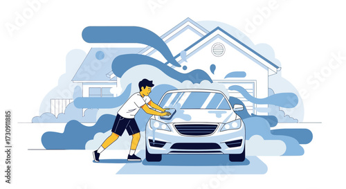 Illustration of a man washing his car at home with splashes of water around it