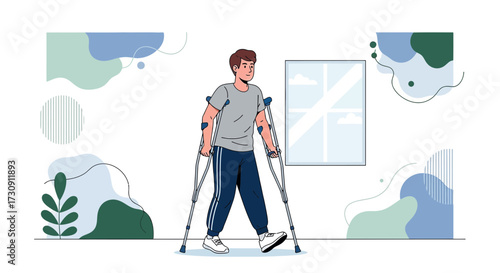 Illustration of a man using crutches for mobility assistance after an injury at home