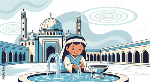 Illustration of a muslim boy performing ablution at a fountain in front of mosque islamic