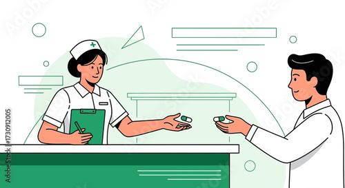 Illustration of a nurse handing medication to a patient in a clinic or hospital setting portraying
