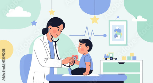 Illustration of a pediatrician examining a child in a colorful and friendly doctor's office setting