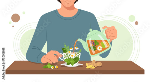 Illustration of a person pouring herbal tea into a cup for healthy lifestyle and wellbeing