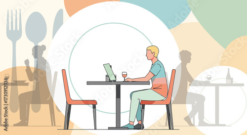 Illustration of a person using a laptop in a restaurant setting with dining elements